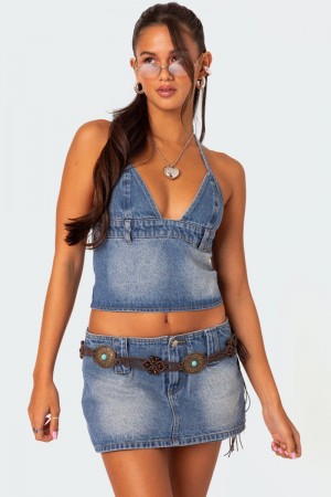 Edikted Wanona Denim Halter Crop Tops Blue | USA ZM477057J1