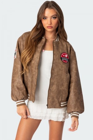 Edikted Washed Faux Leather Bomber Jackets Brown Washed | USA MR590999Z5