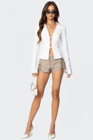 Edikted Washed Faux Leather Micro Cargo Shorts Beige | USA JC256175Q4