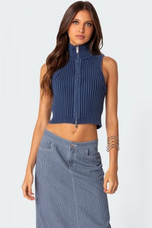 Edikted Washed Zip Up Knit Tank Crop Tops Blue | USA MO808580D5
