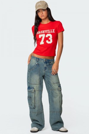 Edikted Westie Low Rise Washed Cargo Jeans Blue | USA CR811411S1