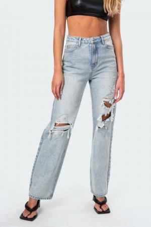 Edikted Wide Or Die Ripped Jeans Light Blue | USA XS887258Y4