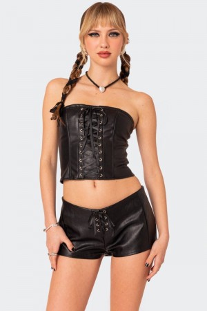 Edikted Wilde Lace Up Faux Leather Corset Strapless Tops Black | USA XI762606J1
