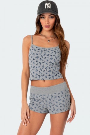 Edikted Wildflower Waffle Tank Top Gray Melange | USA HU406060U2