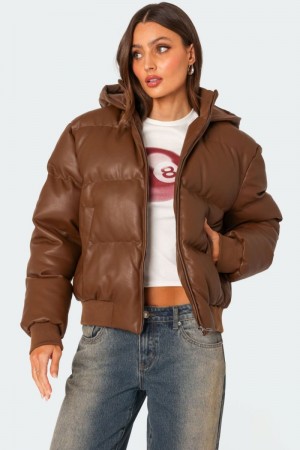 Edikted Wintry Faux Leather Hooded Puffer Jackets Brown | USA SJ947024X7