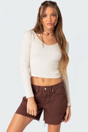 Edikted Workwear Ribbed Long Sleeve Tops Cream | USA TZ289528Z7