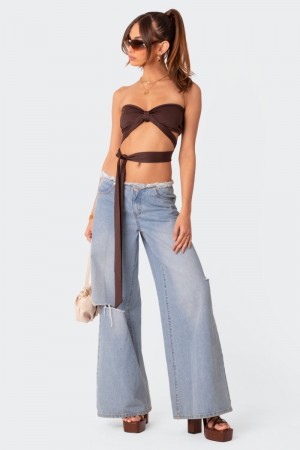 Edikted Wyatt Wrap Tie Bandeau Crop Tops Brown | USA LX105330T7