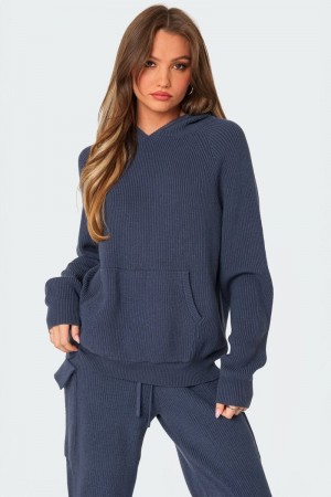 Edikted Wynter Oversized Hoodie Knitted Tops Blue | USA MQ929442U1