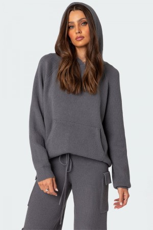 Edikted Wynter Oversized Knit Hoodie Long Sleeve Tops Blue | USA ER168086L5