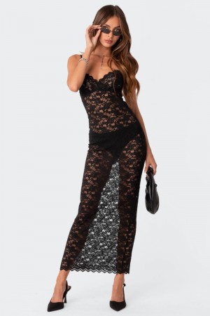 Edikted Xandra Sheer Lace Maxi Dress Maxi Dress Black | USA AT345394Z2