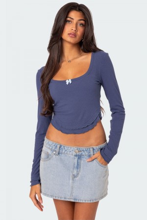 Edikted Yara Ribbed Ruffle Hem Long Sleeve Tops Blue | USA VP090859M2