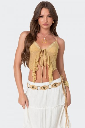Edikted Yola Embroidered Tie Front Crop Tops Nude | USA WD760256B1