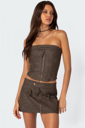 Edikted Ziva Faux Leather Lace Up Corset Strapless Tops Black | USA PH155875S5
