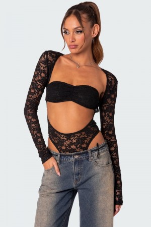 Edikted Zoey Sheer Lace Two Piece Bodysuit Long Sleeve Tops Black | USA WK656145I6