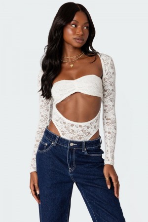Edikted Zoey Sheer Lace Two Piece Bodysuit Black | USA LM341394T7