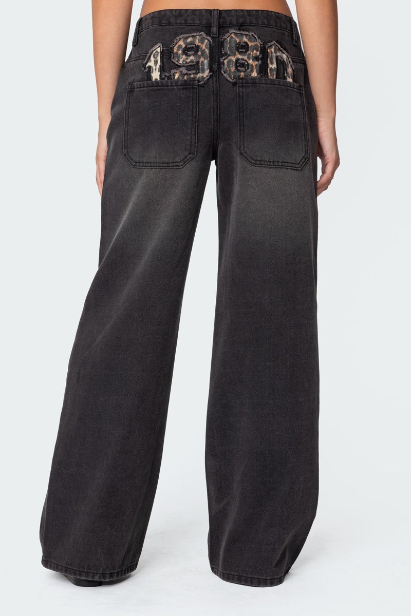 Edikted 1980 Leopard Patch Low Rise Jeans Black Washed | USA XE267966K2