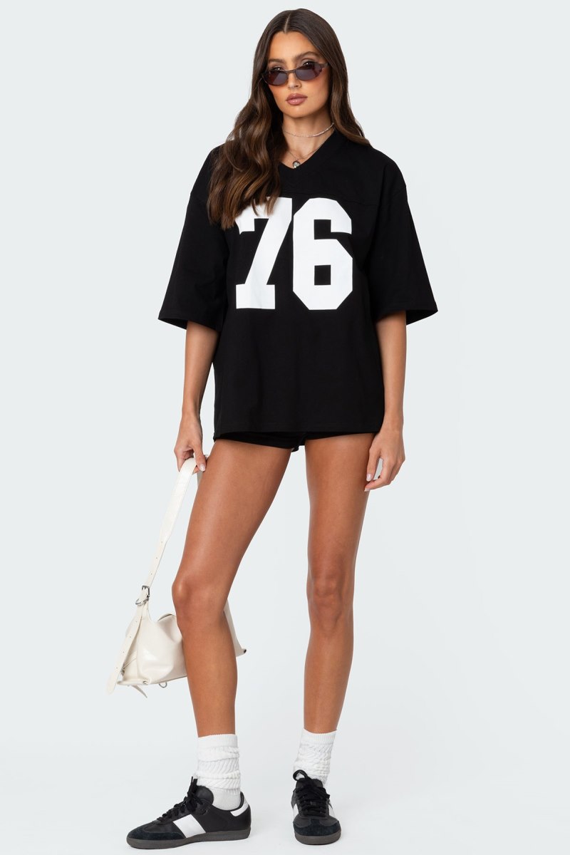Edikted 76 Oversized T-Shirt Graphic Tops Black | USA QU597769B4