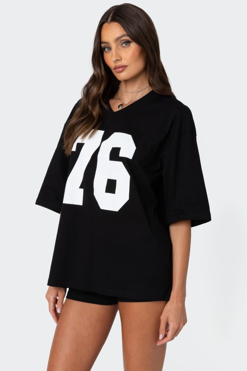 Edikted 76 Oversized T-Shirt Graphic Tops Black | USA QU597769B4