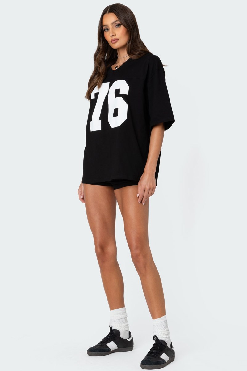 Edikted 76 Oversized T-Shirt Graphic Tops Black | USA QU597769B4