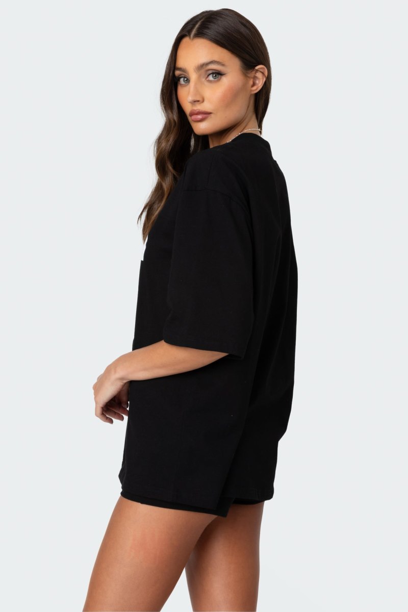 Edikted 76 Oversized T-Shirt Graphic Tops Black | USA QU597769B4