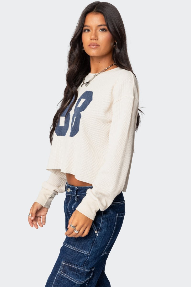 Edikted 88 Waffle Long Sleeve T Shirt Graphic Tops Cream | USA NV193919O3