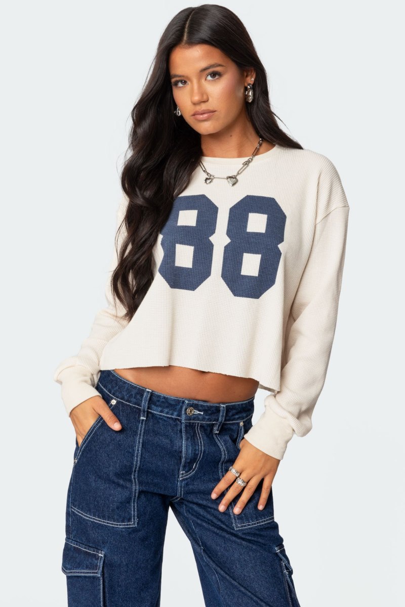 Edikted 88 Waffle Long Sleeve T Shirt Graphic Tops Cream | USA NV193919O3