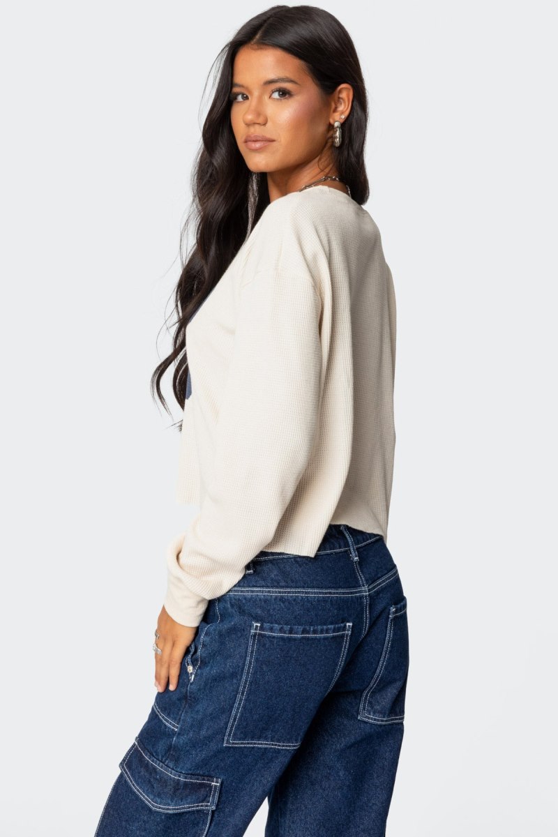 Edikted 88 Waffle Long Sleeve Tops Cream | USA VI252495I7