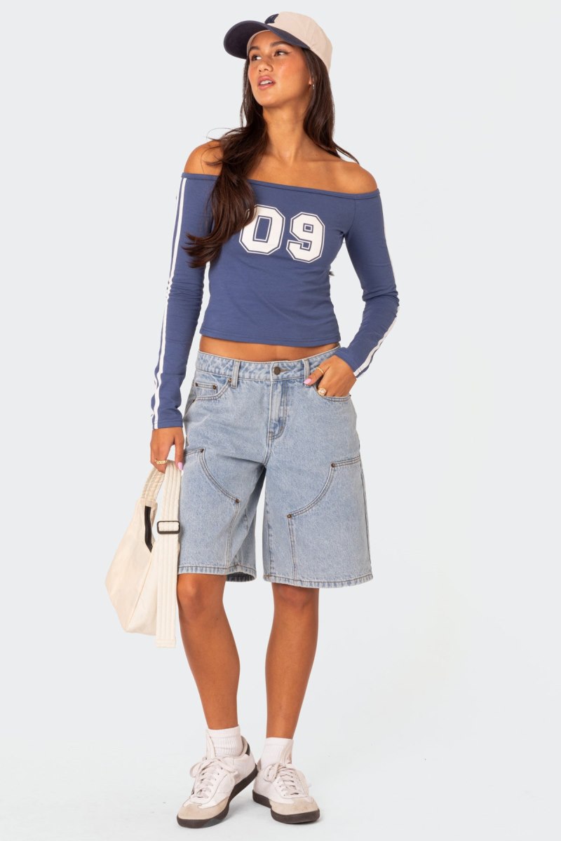 Edikted 90'S Off Shoulder Long Sleeve T Shirt Graphic Tops Blue | USA CQ711001R7