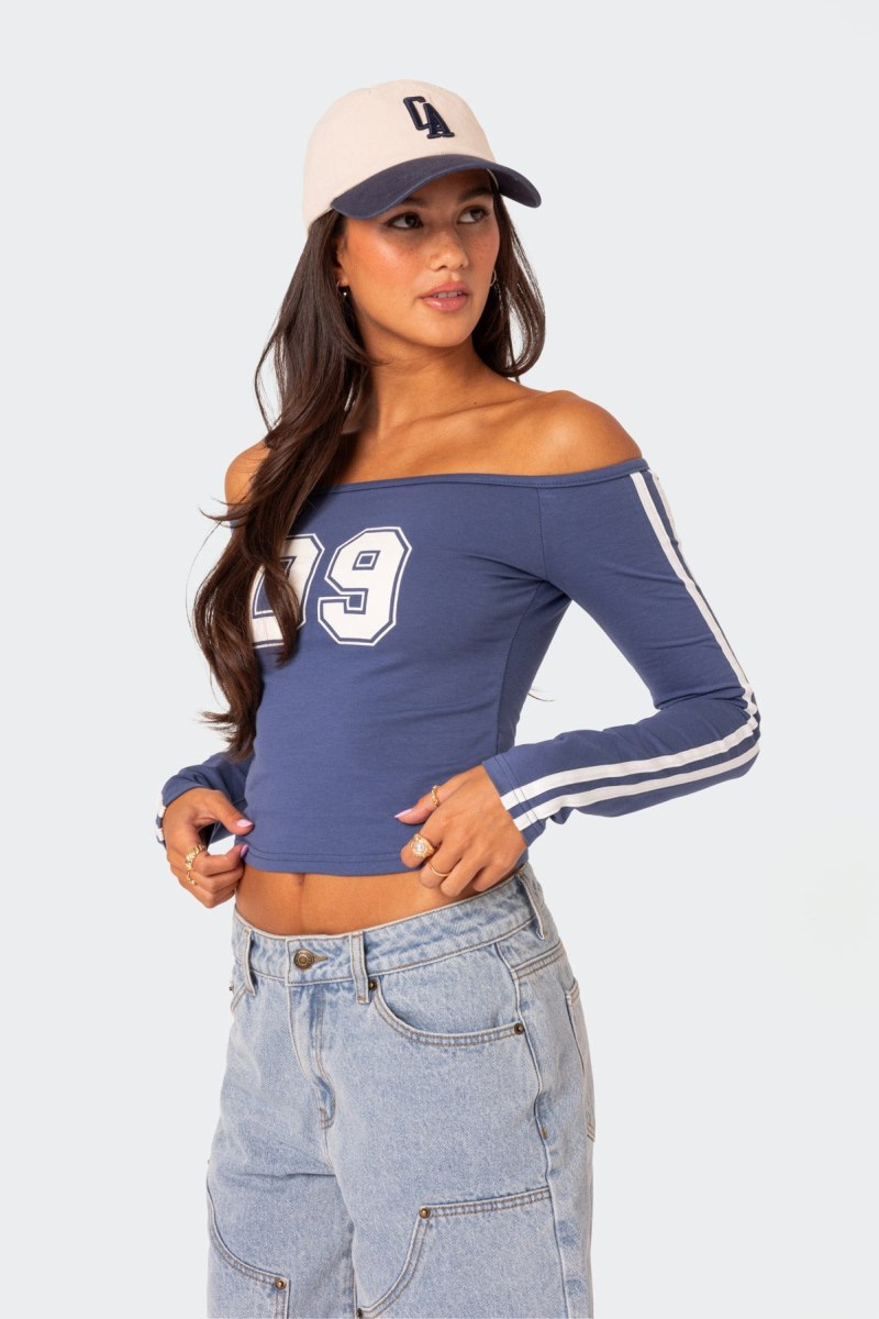 Edikted 90'S Off Shoulder Long Sleeve T Shirt Graphic Tops Blue | USA CQ711001R7