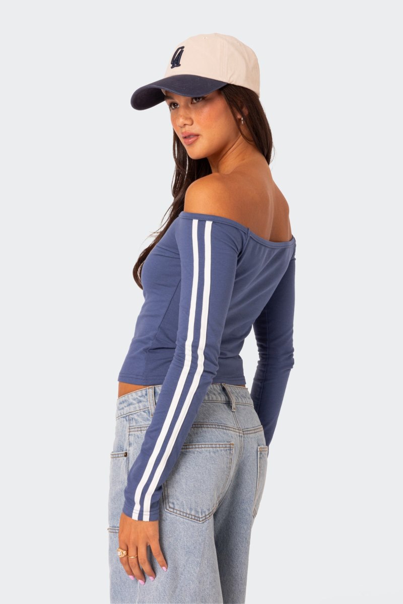 Edikted 90'S Off Shoulder Long Sleeve T Shirt Graphic Tops Blue | USA CQ711001R7