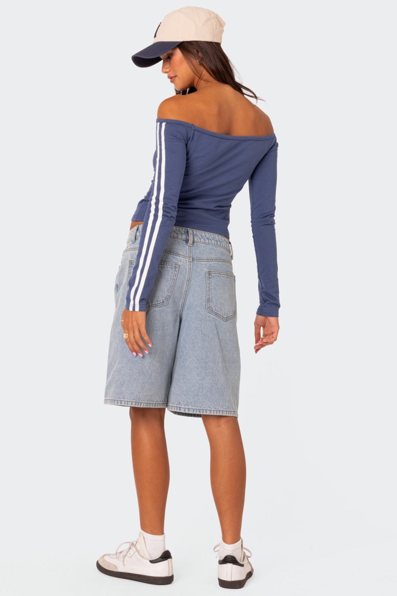 Edikted 90'S Off Shoulder Long Sleeve T Shirt Graphic Tops Blue | USA CQ711001R7