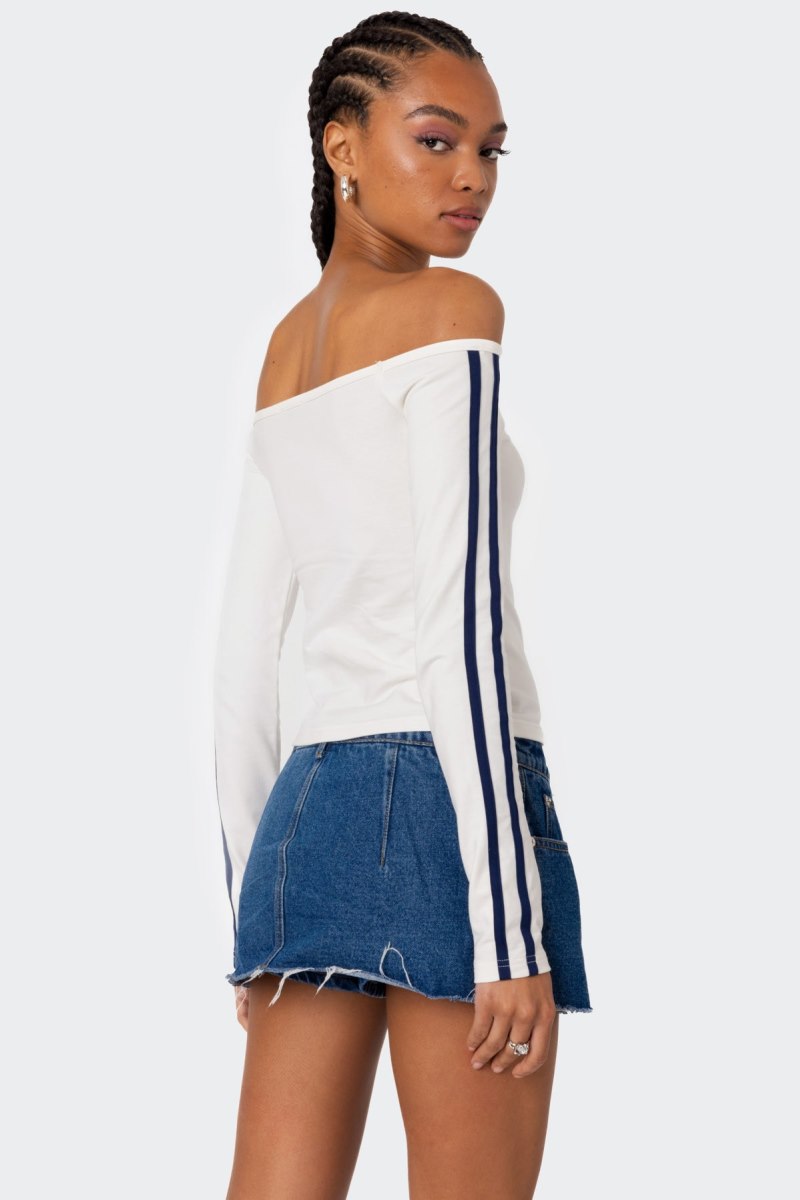 Edikted 90'S Off Shoulder Long Sleeve T Shirt Graphic Tops Blue | USA PC705390B6