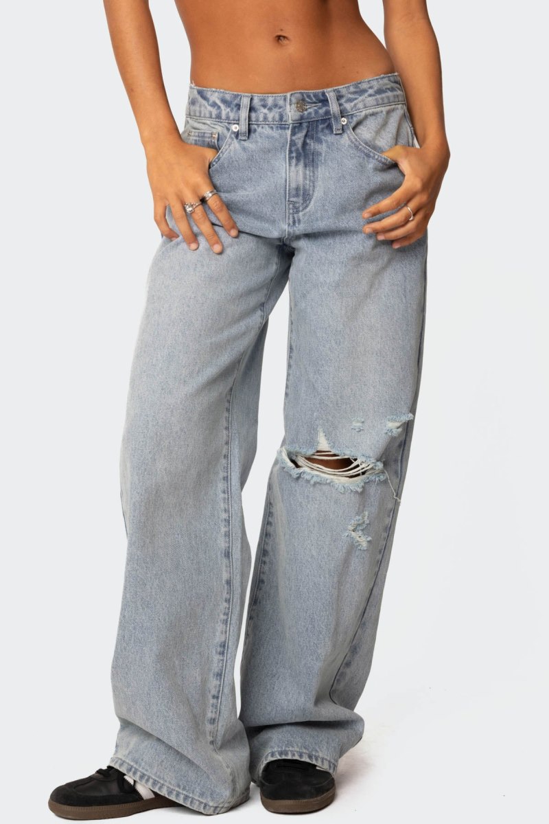 Edikted Adam Distressed Wide Leg Jeans Light Blue | USA DO353295V5