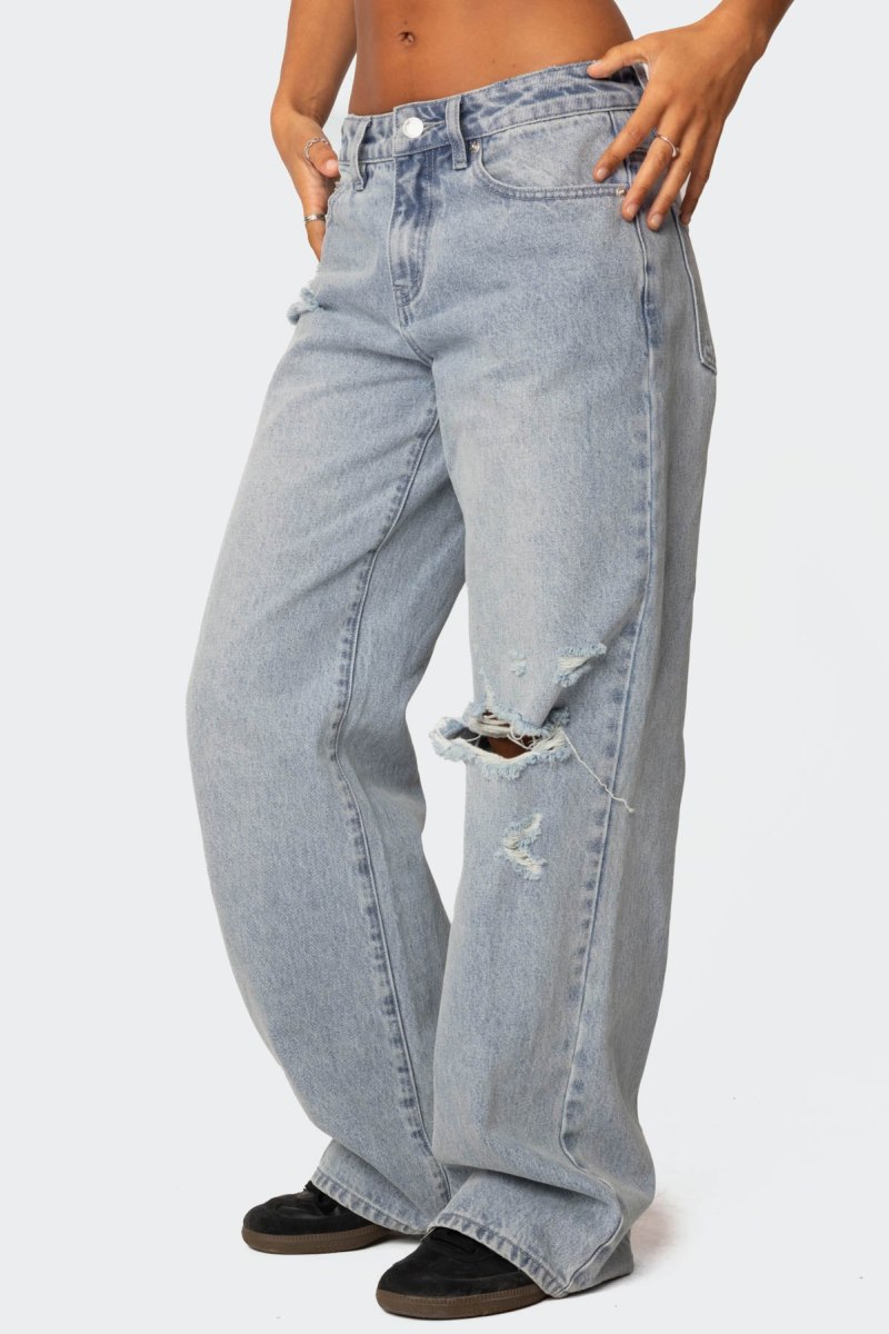 Edikted Adam Distressed Wide Leg Jeans Light Blue | USA DO353295V5