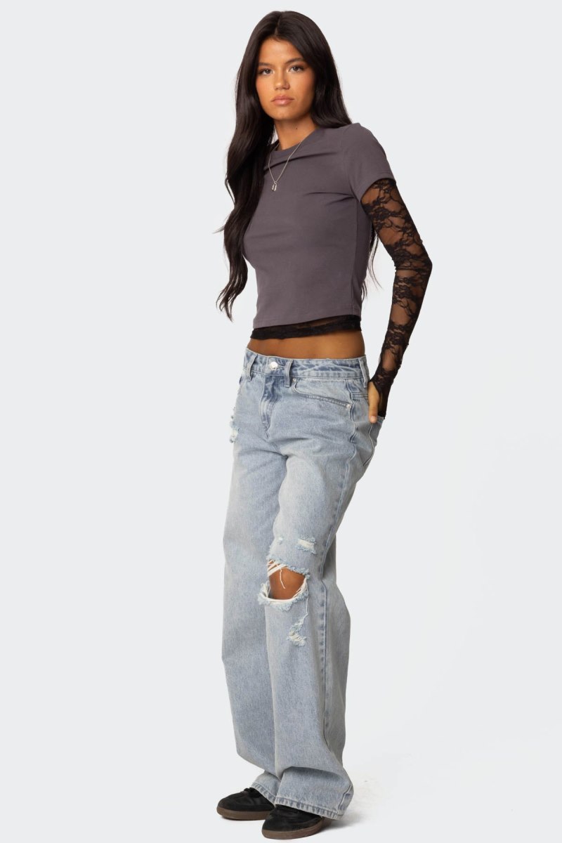 Edikted Adam Distressed Wide Leg Jeans Light Blue | USA DO353295V5