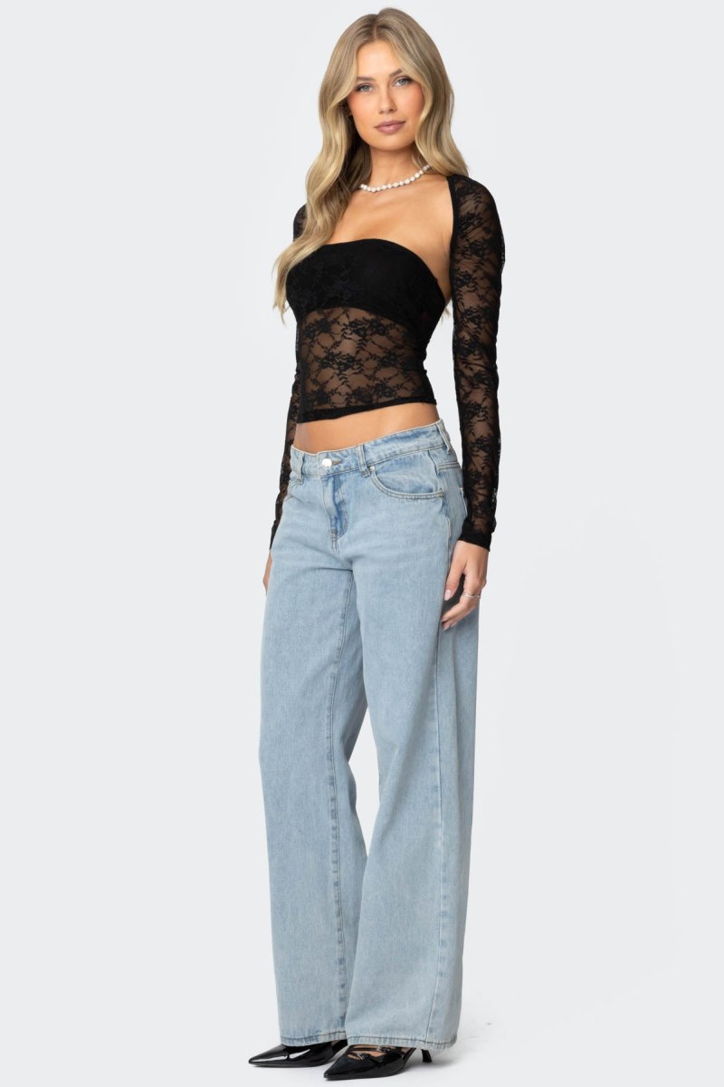 Edikted Addison Sheer Lace Two Piece Long Sleeve Tops Black | USA OH798099W1