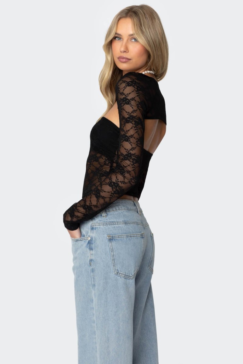 Edikted Addison Sheer Lace Two Piece Long Sleeve Tops Black | USA OH798099W1