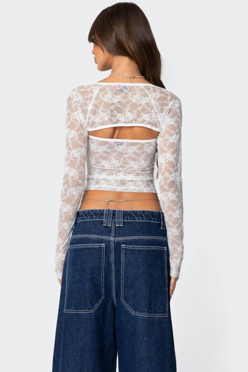 Edikted Addison Sheer Lace Two Piece Long Sleeve Tops Black | USA MC075087V2