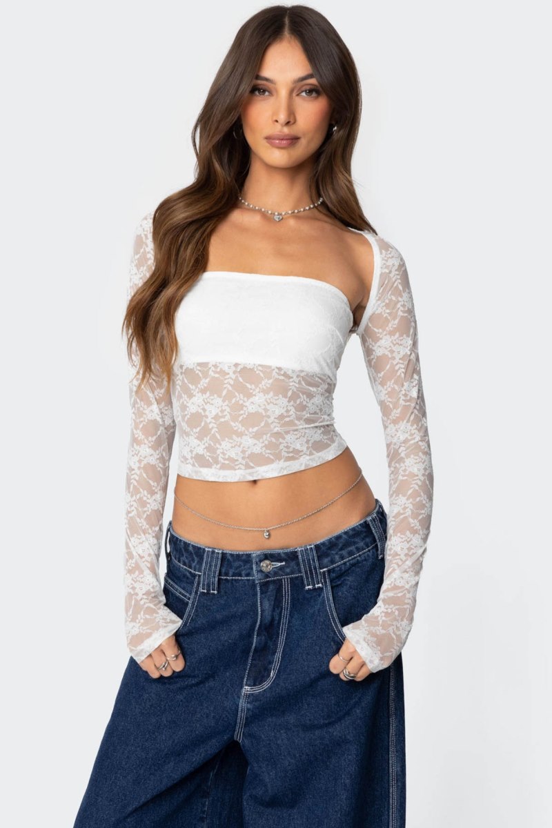 Edikted Addison Sheer Lace Two Piece Long Sleeve Tops Black | USA MC075087V2