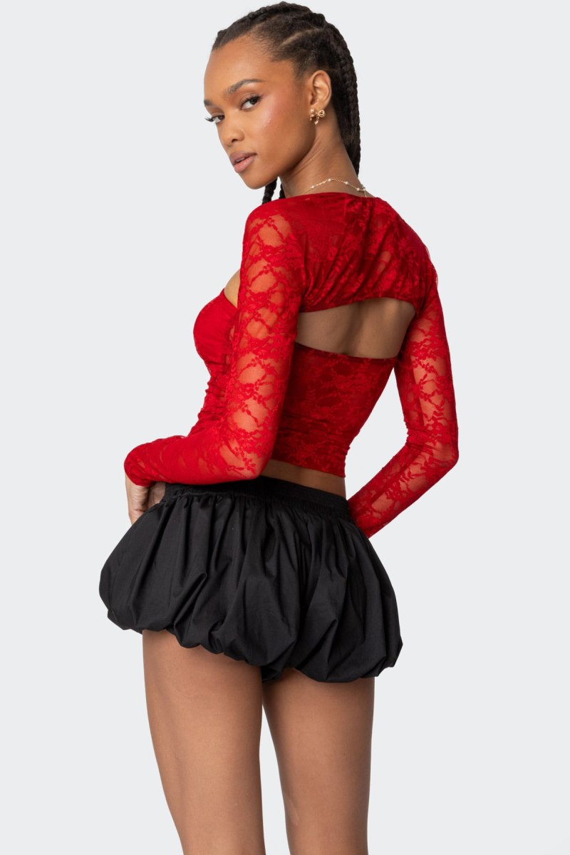 Edikted Addison Sheer Lace Two Piece Long Sleeve Tops Black | USA LF693979K2