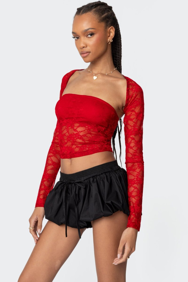 Edikted Addison Sheer Lace Two Piece Long Sleeve Tops Black | USA LF693979K2