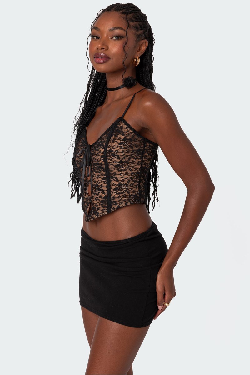 Edikted Adira Lace Keyhole Corset Crop Tops Black | USA BD277827Y7