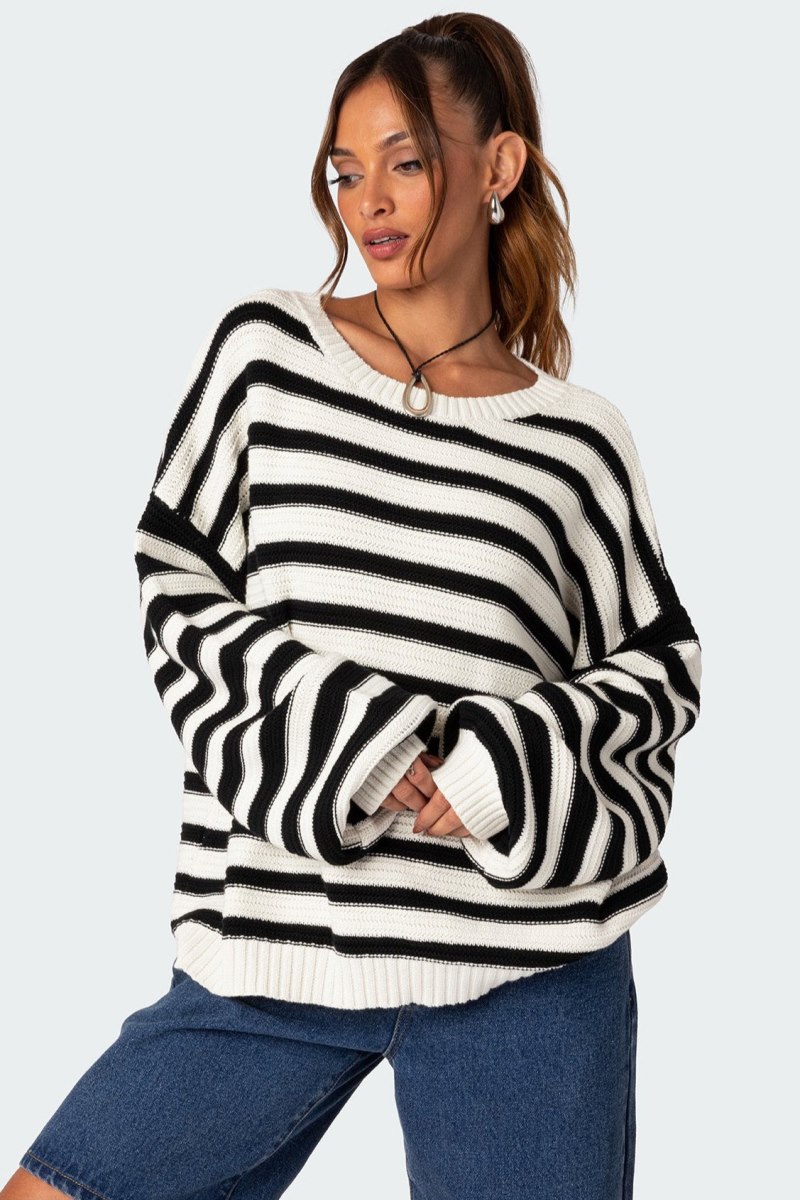 Edikted Aerin Oversized Sweater Long Sleeve Tops Black And White | USA HB583838Y2
