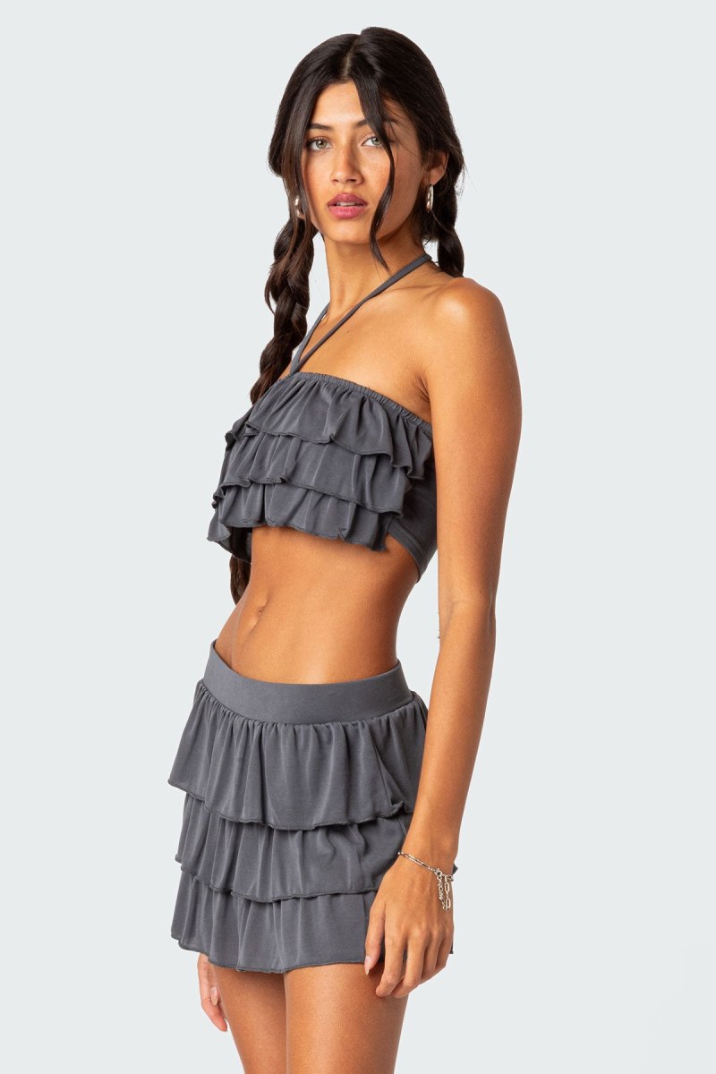 Edikted Aimee Ruffle Crop Tops Gray | USA JA138613B0