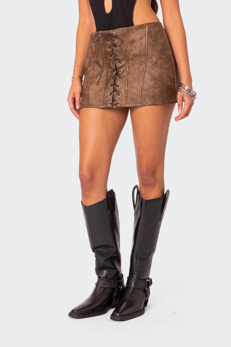 Edikted Ainsley Lace Up Faux Leather Mini Skirts Brown Washed | USA LP270817N8