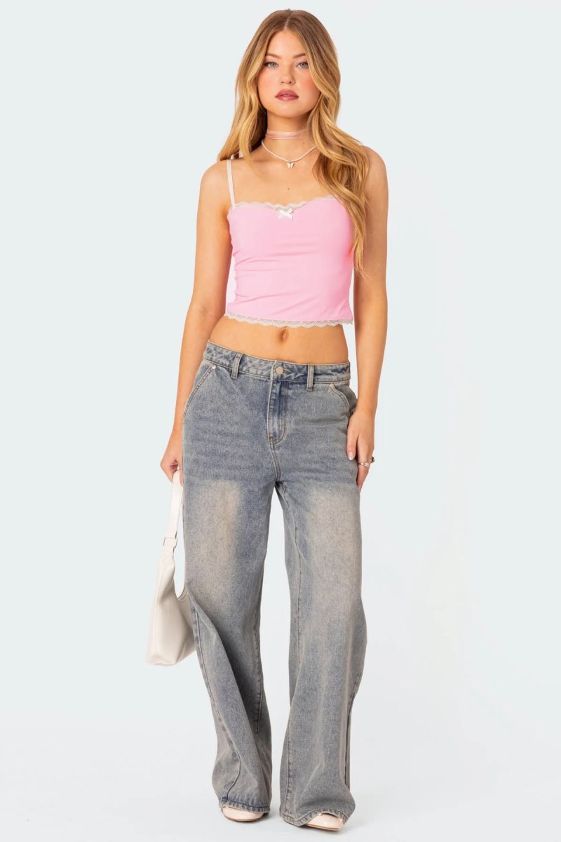 Edikted Alara Lace Trim Tank Crop Tops Navy | USA NO219311Q3