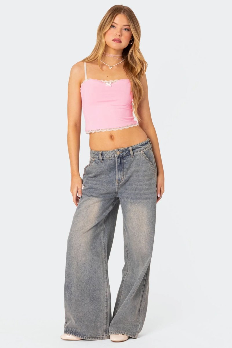 Edikted Alara Lace Trim Tank Crop Tops Navy | USA NO219311Q3