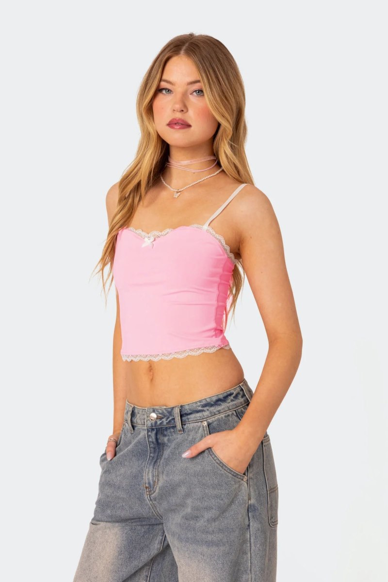 Edikted Alara Lace Trim Tank Crop Tops Navy | USA NO219311Q3