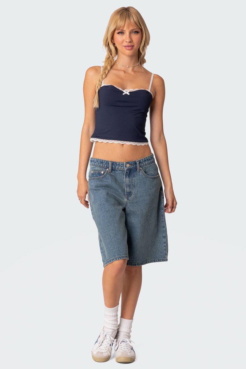 Edikted Alara Lace Trim Tank Crop Tops Navy | USA OX033873Z8