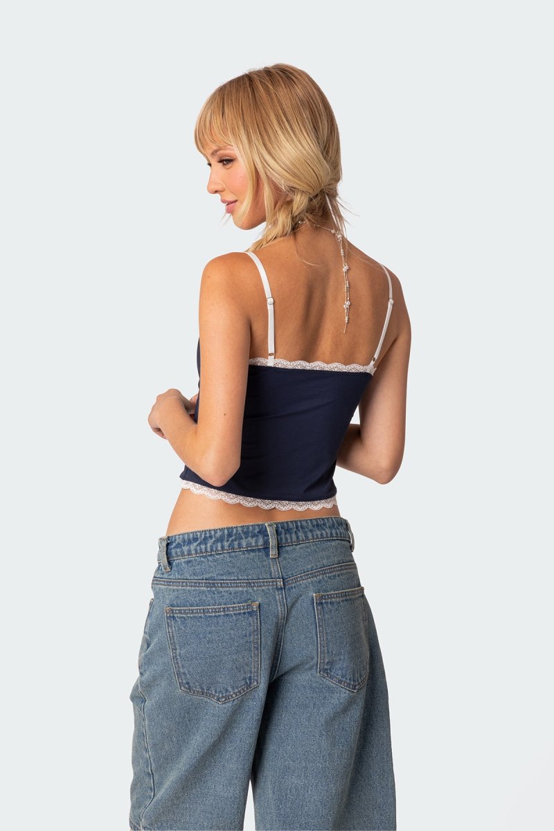 Edikted Alara Lace Trim Tank Crop Tops Navy | USA OX033873Z8
